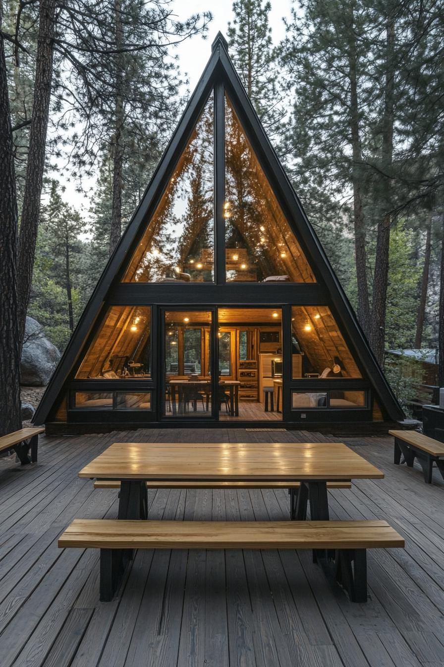 modern tiny a frame forest cabin on a large deck with benches built into the railings dining table with benches in the front