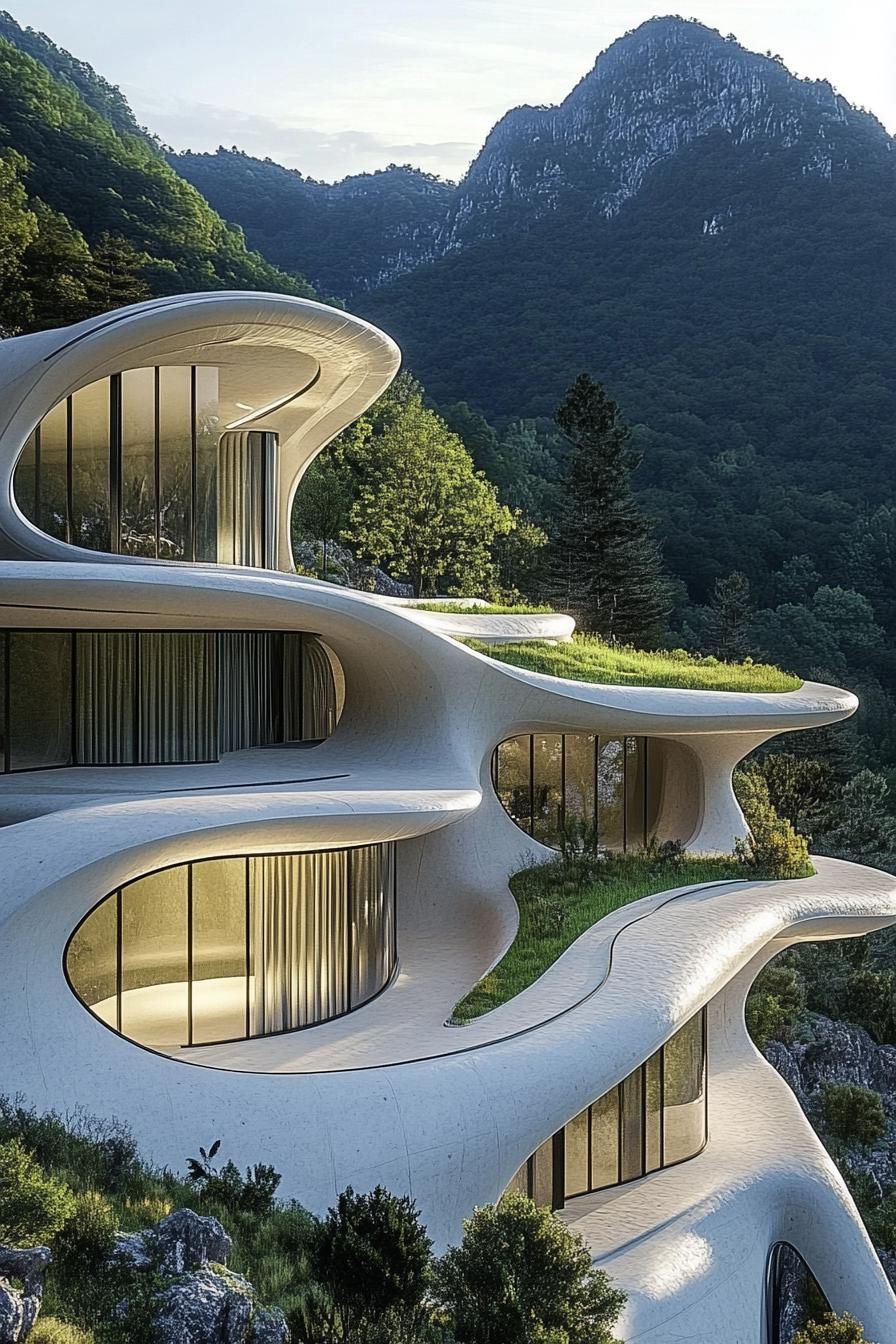 Curved, futuristic home amidst lush mountains