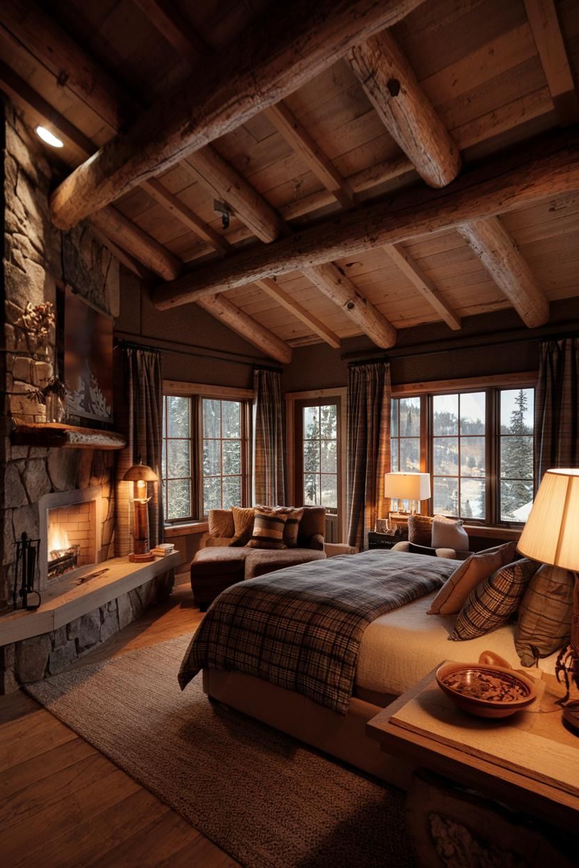 Rustic cabin bedroom with a roaring fireplace and plaid accents