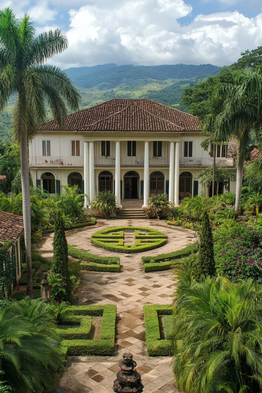 high angle view of colonial style manor facade with columns large front garden with geometric shrubs tall palms and paven paths stunning tropical 1