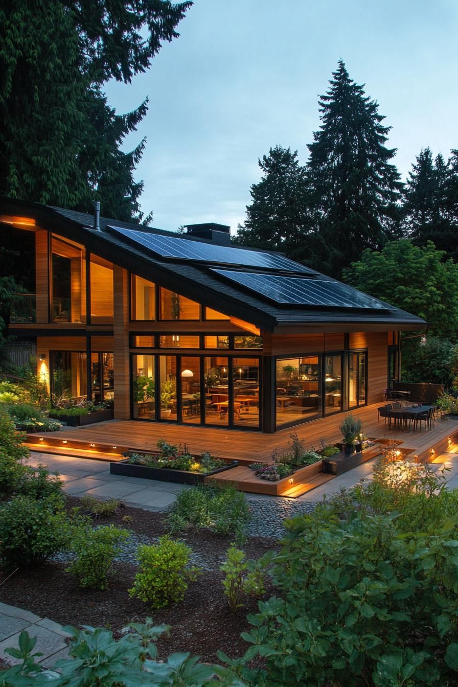 mid century modern sustainable house with sloped roof reaching the ground there are solar panels and planters on the roof large modern windows deck