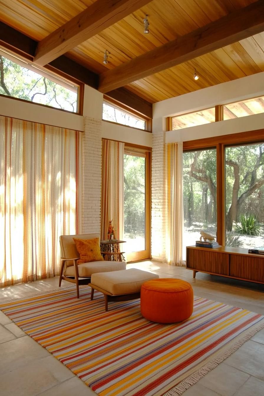 Bright living room with large windows and colorful striped rug