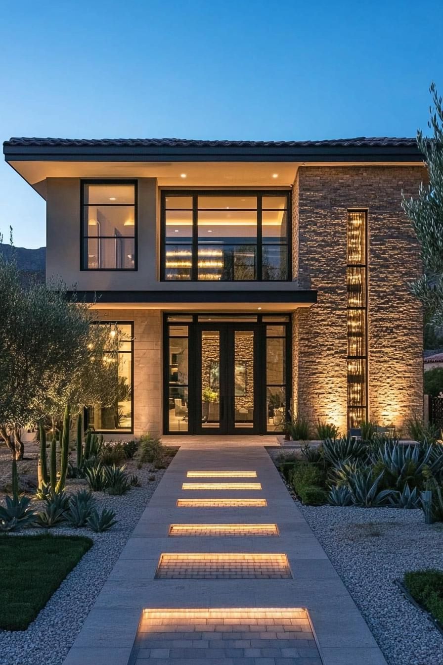 Modern two-story Mediterranean house with illuminated pathway