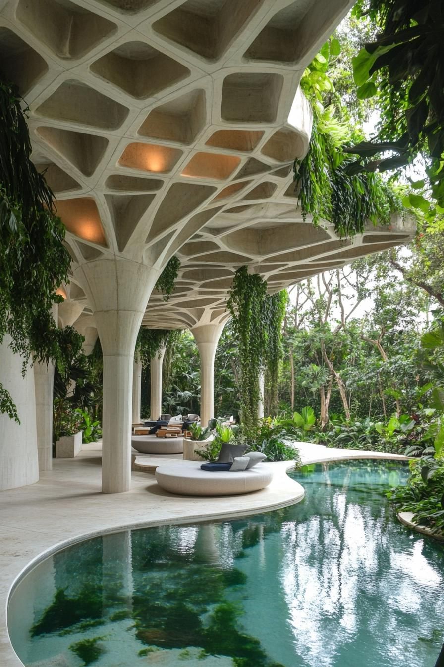 large white concrete pavillion with geometric ceiling over a curvy river pool overgrown with vines climbers runner plants lush greenery there is 2