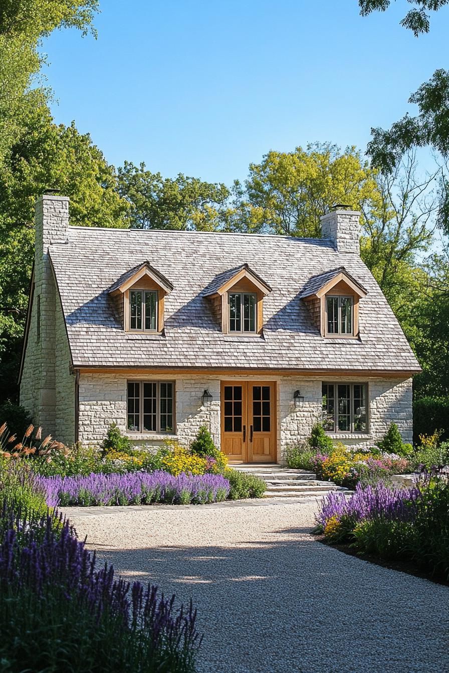 Cozy stone cottage with a path lined by lavender