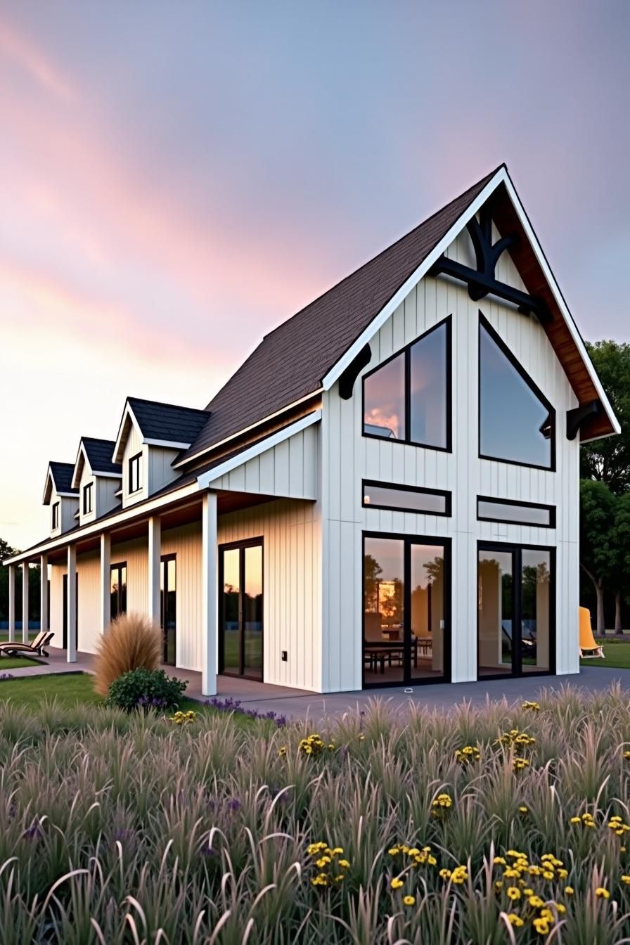 Modern ranch house with large windows and pitched roof