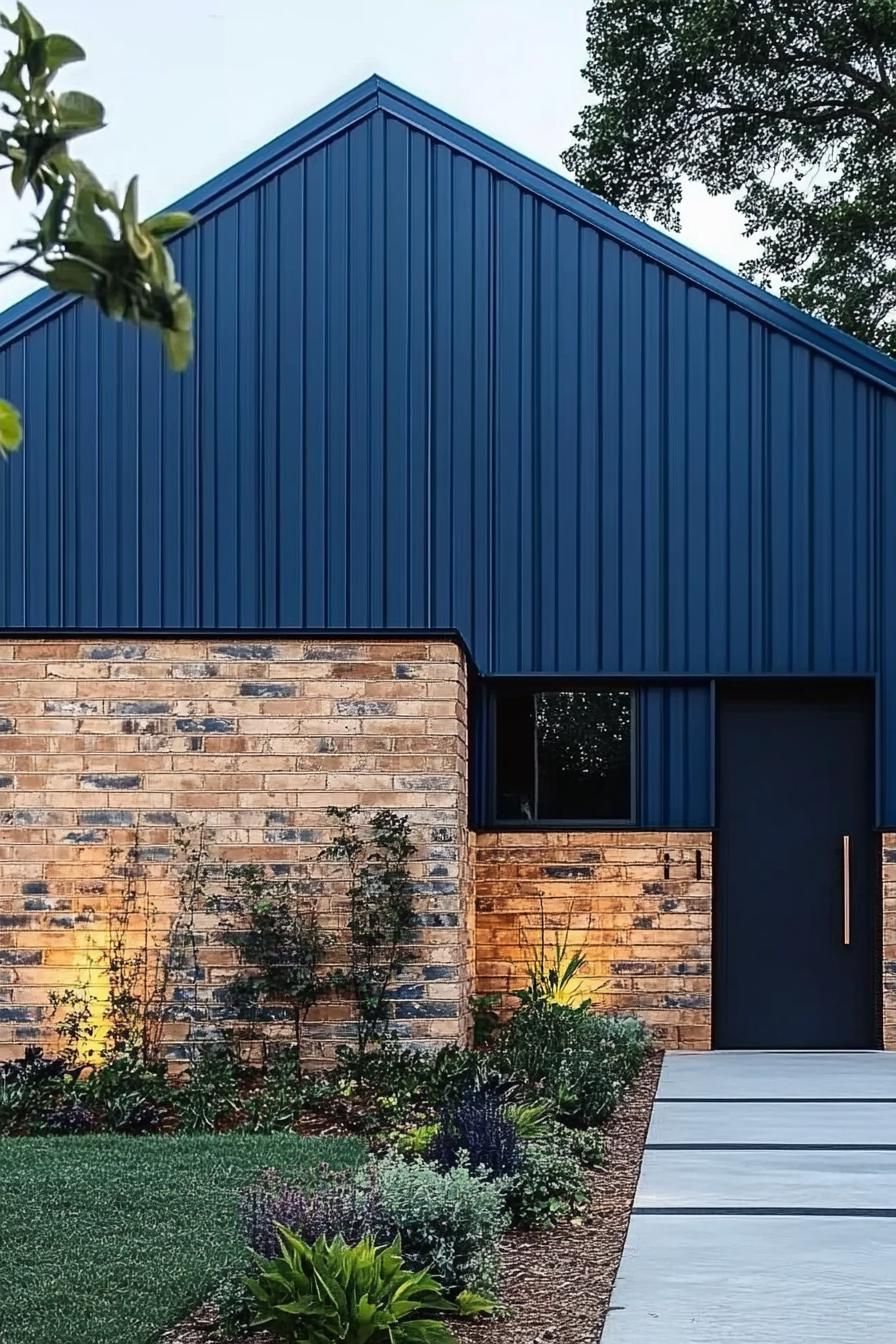 Modern barn house featuring blue metal siding and brick wall