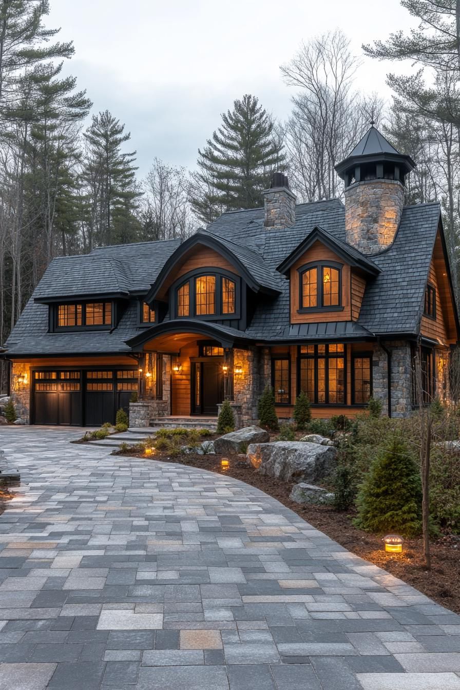 Storybook-style house with turret and stone accents