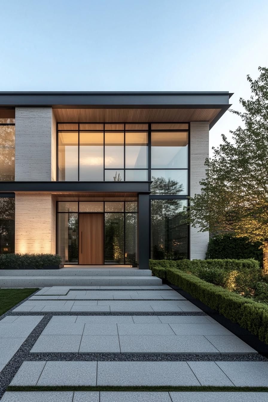 Modern house exterior with large glass windows and stone accents surrounded by greenery