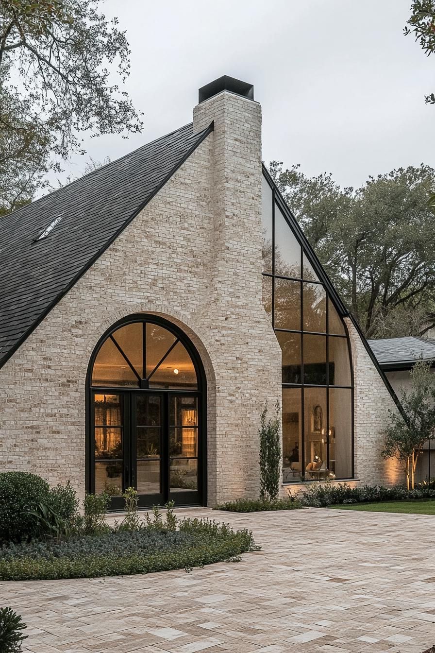 contemporary cottage style house with multi pitch roof chimney limestone brick siding arched modern windows arched front door large tile paved 2