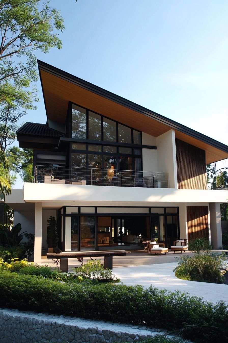 Modern Thai house with large windows and sloped roof