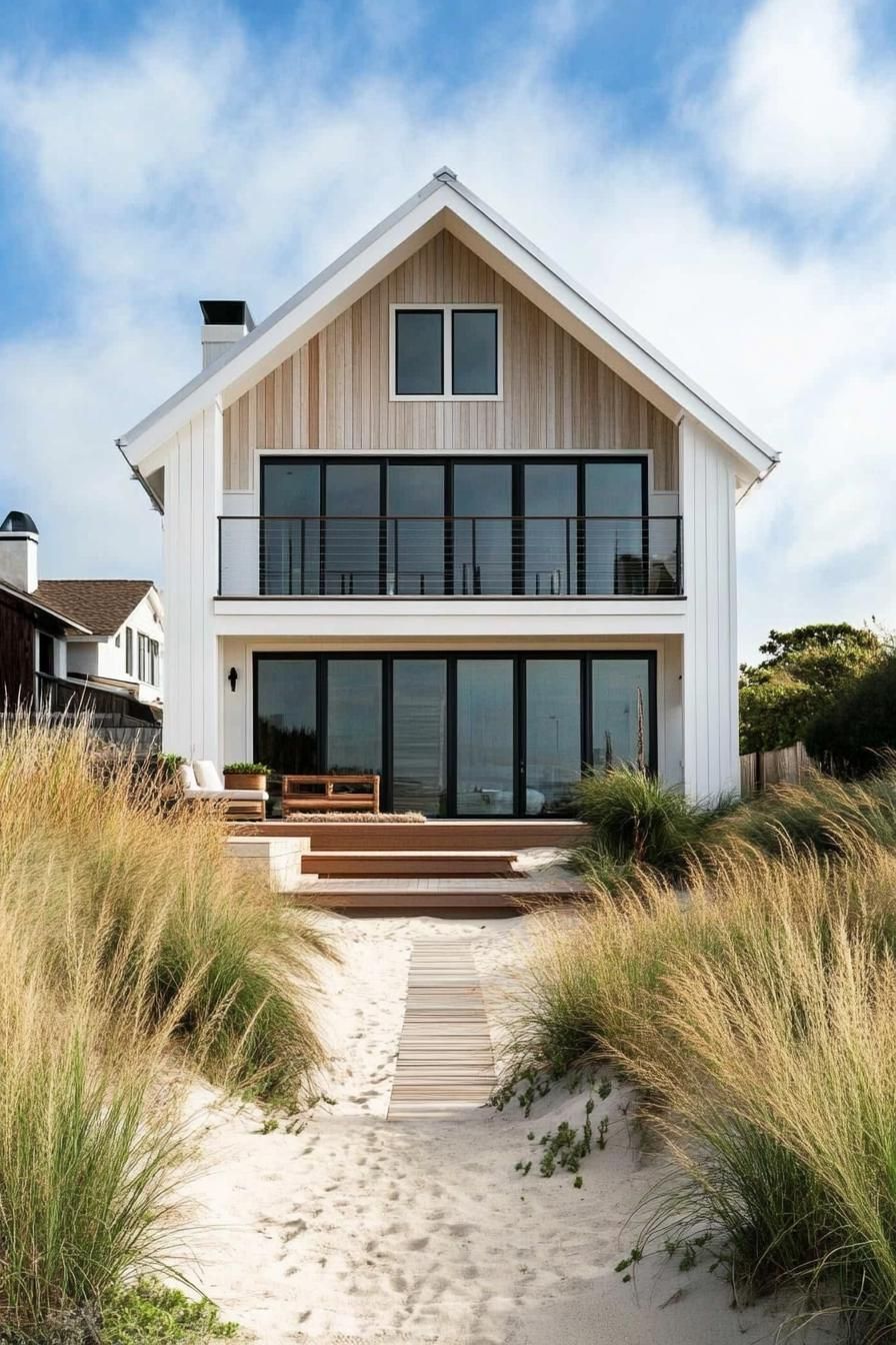 Beachfront house with large glass doors and sandy path