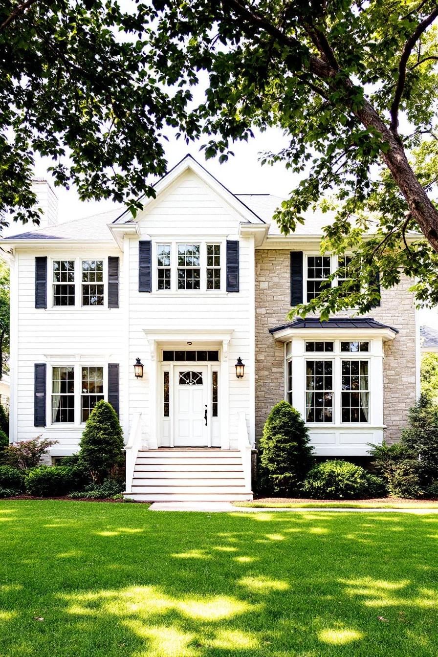 Charming two-story house with white siding and stone facade