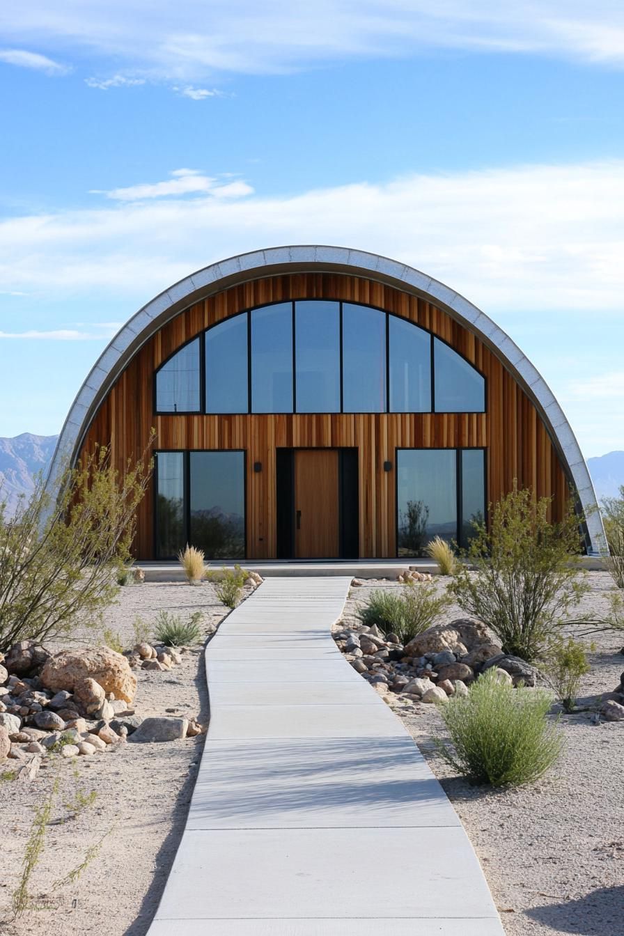 Arched metal Quonset hut with wood accents in a desert landscape