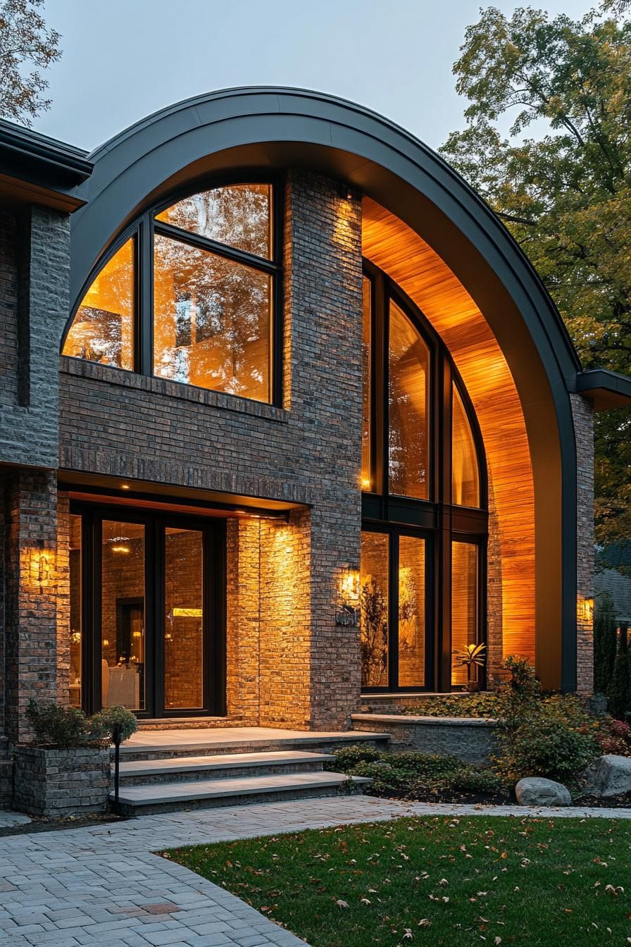 House with large windows and a curved brick facade