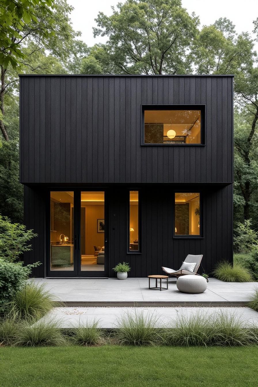 Black modern house surrounded by lush trees