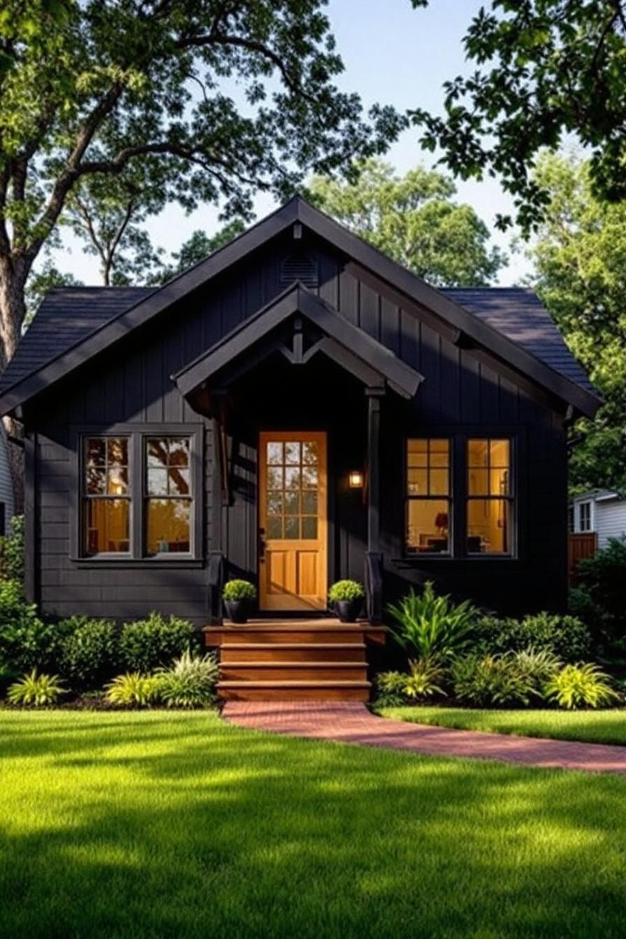 Cozy black house with a warm glow from inside