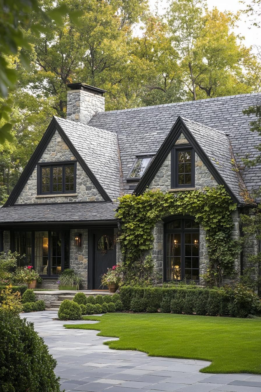 modern countryside cottage with stone mosaic facade grey stone tile roof with gables facade with vines modern windows and doors paved front yard 1