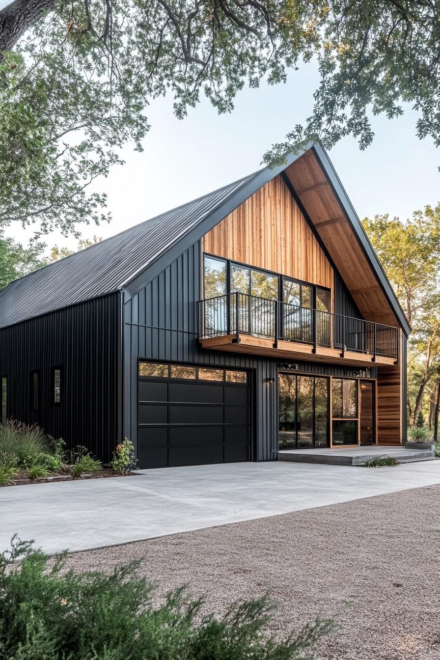 Modern barndominium with wooden accents