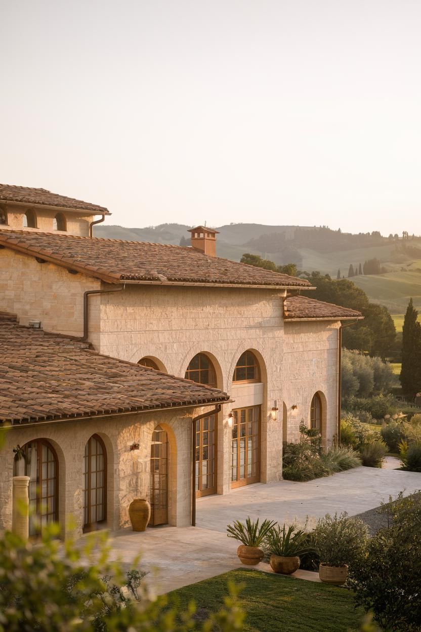 Italian farmhouse with large stone arches and terracotta roof