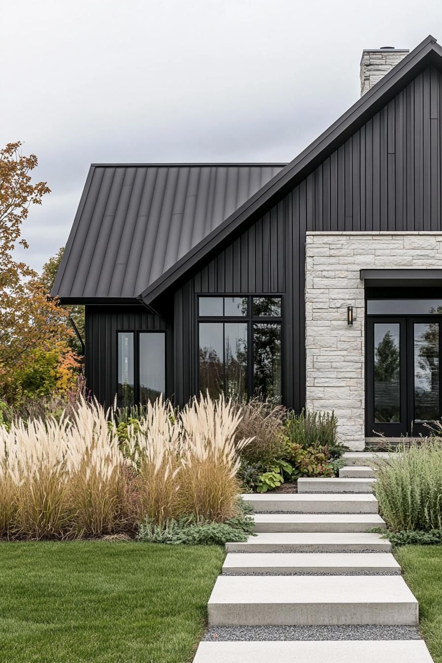 contemporary house cottage exterior with multi pitch roof distinct sections in different siding black vertical slats reclaimed wood horizontal 3