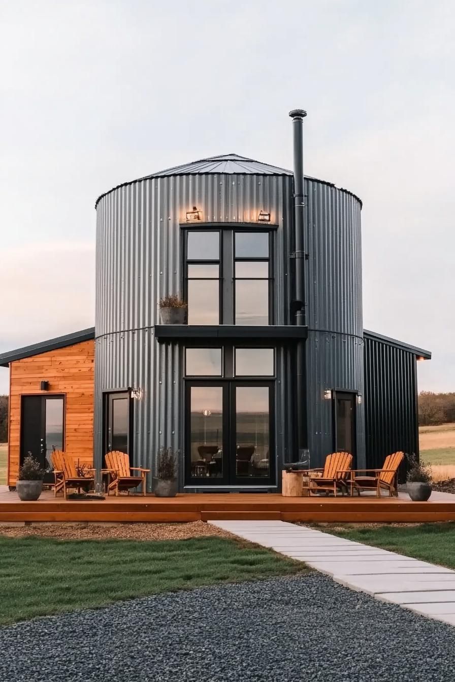 modern house made of metal grain silo and shipping containers on both sides it has modern windows and natural wood accents front paved yard with