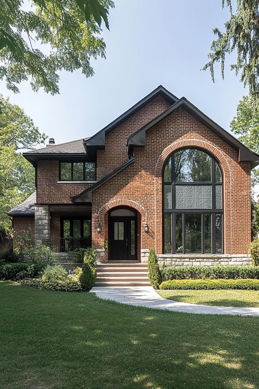 Cozy red brick house with large arched window