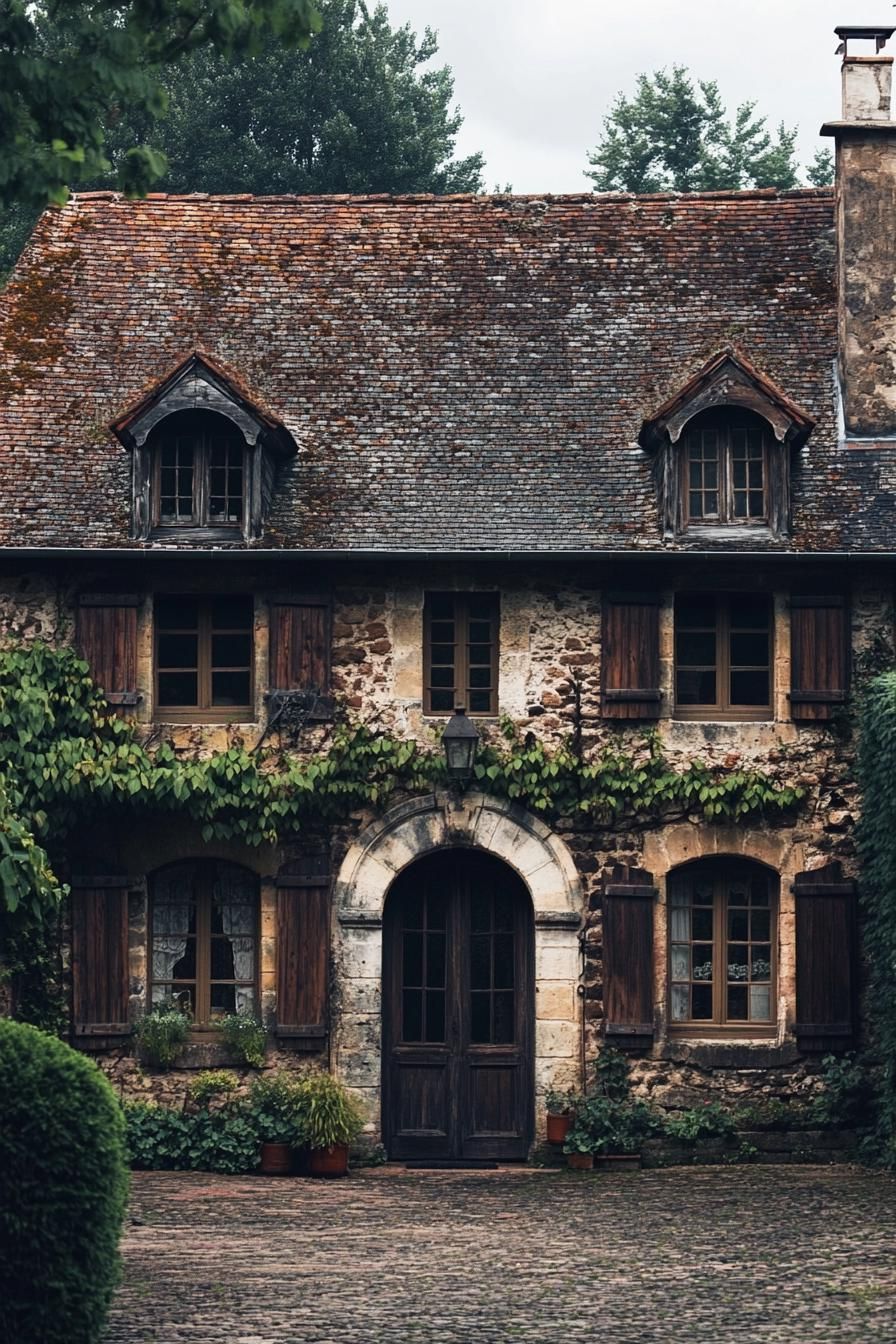 Charming ivy-covered stone house with rustic wooden shutters