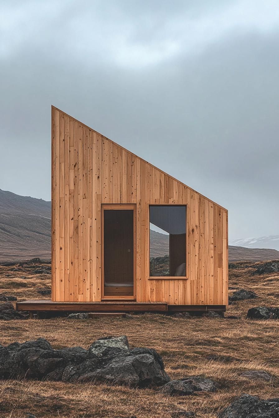 Modern wooden cabin with slanted roof in a rocky landscape