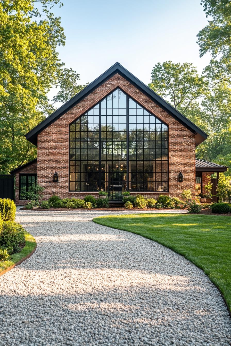 Modern barn house with large glass facade surrounded by greenery