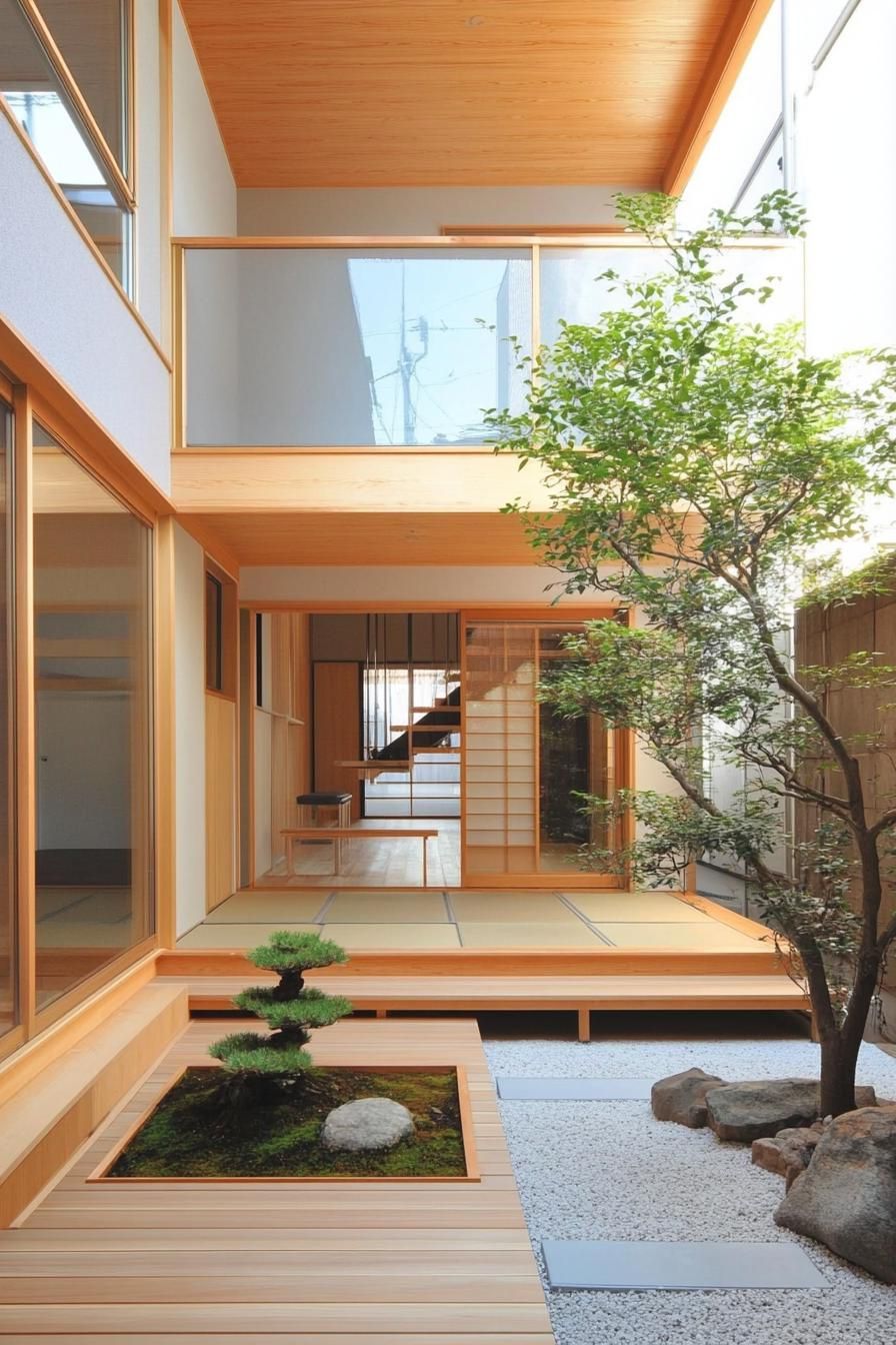 Japanese-style courtyard with wooden elements, plants, and stones