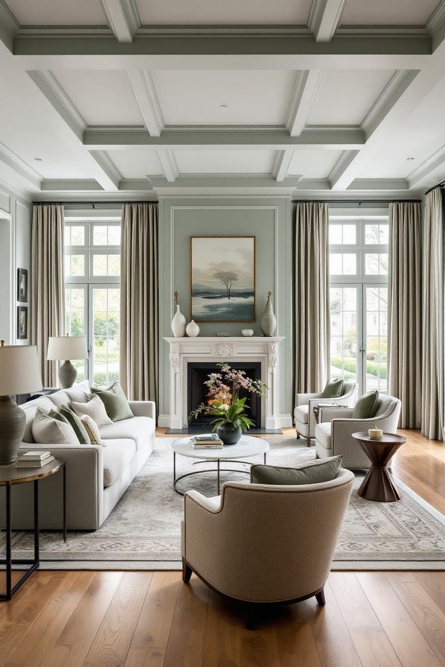 Elegant living room with coffered ceiling and large windows