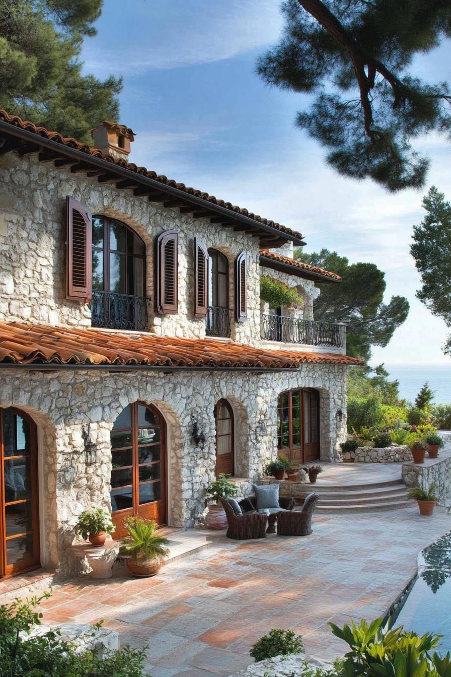 Rustic stone villa with arched windows and terrace