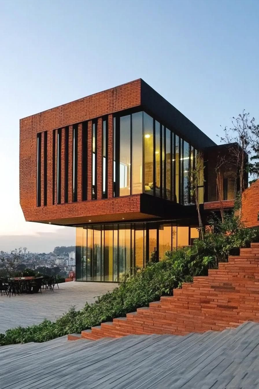 Modern brick house with large windows and a city view