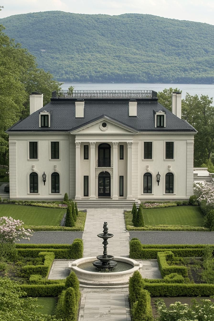 Ornate mansion with columns, grand entrance, and lush garden