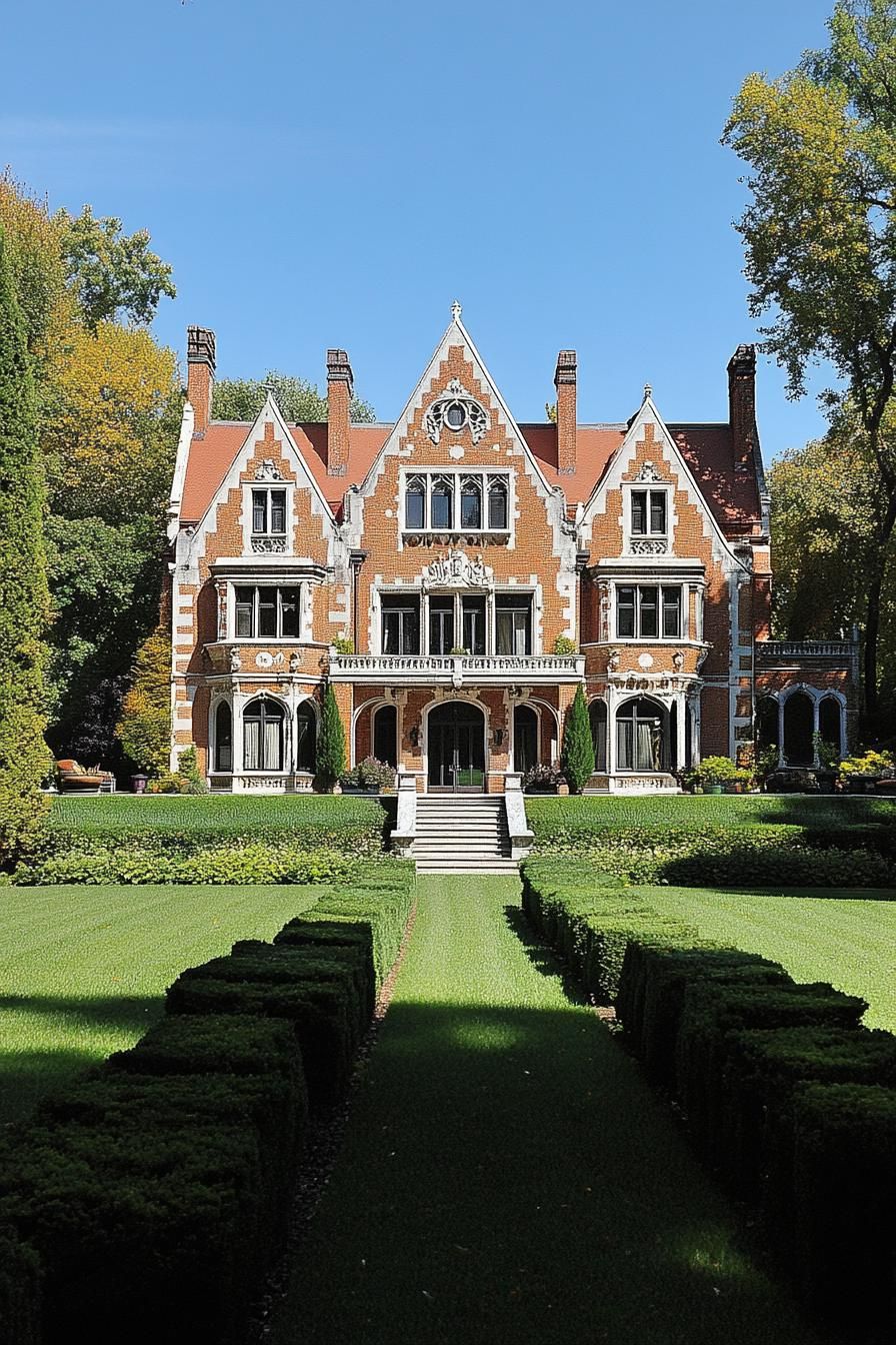 large brick manor with ornate gables view from afar large garden with shrubs and trees lead to the manor