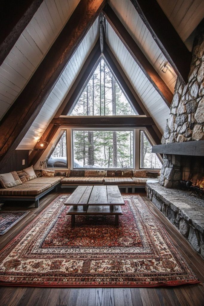 a-frame interior with stone fireplace