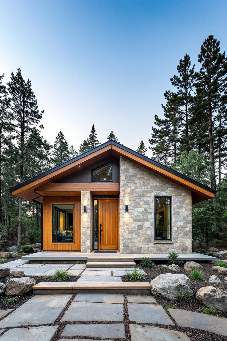 Charming stone-front house nestled among tall trees