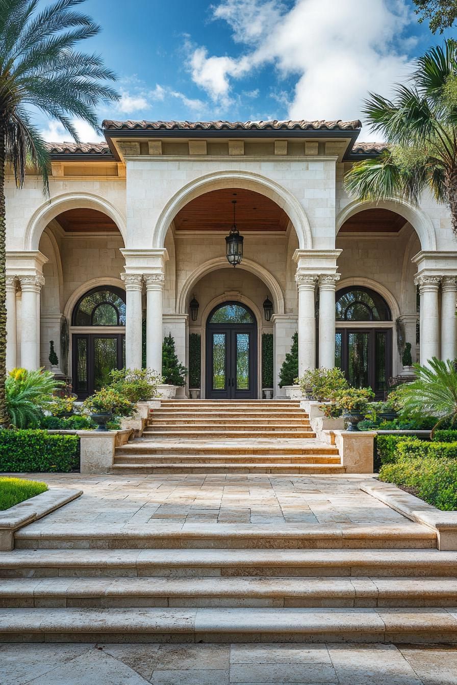 mediterranean linestone mansion with arches and columns front yard with steps and shrubs 1