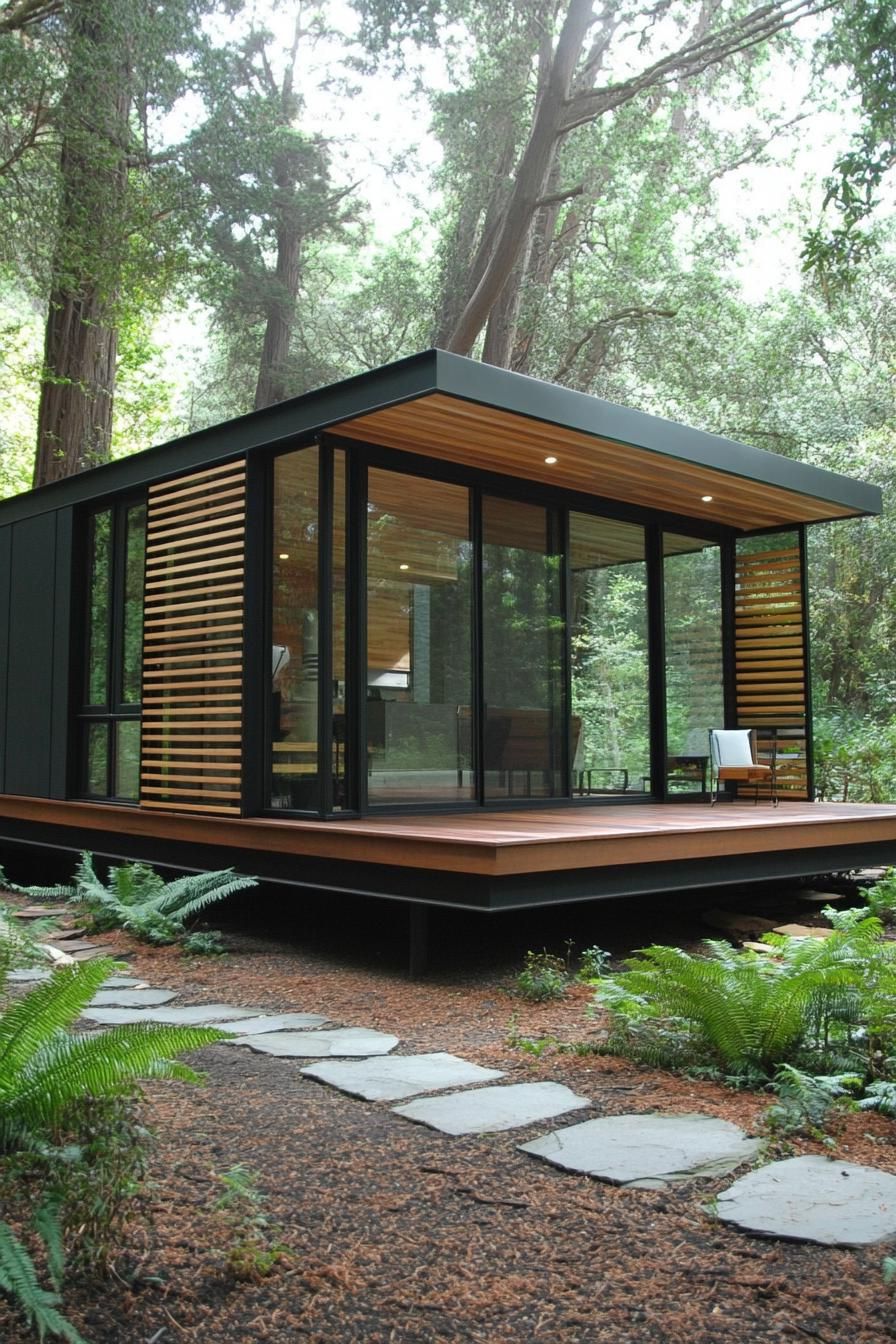 Minimalist house with large windows surrounded by trees