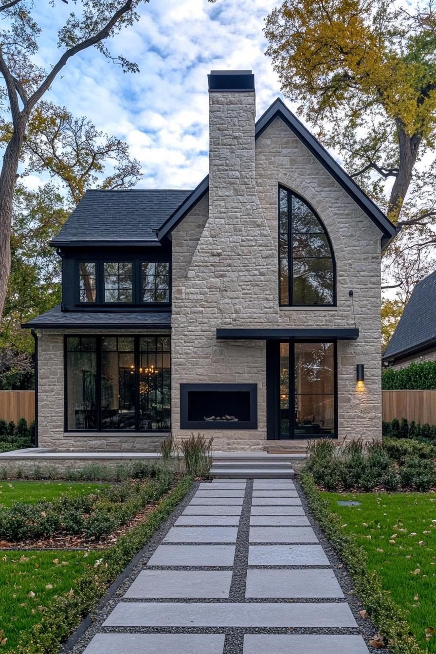 Stone house with arched window and sleek design