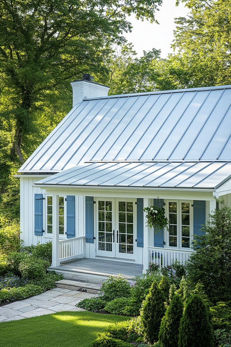 White cottage with blue shutters and a lush garden