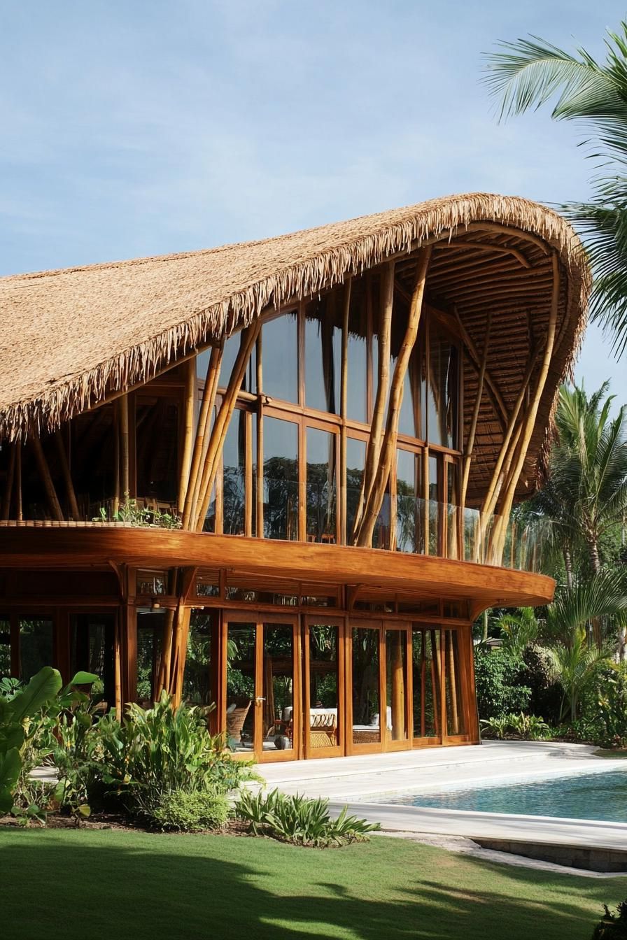 Tropical bamboo house with large windows and thatched roof