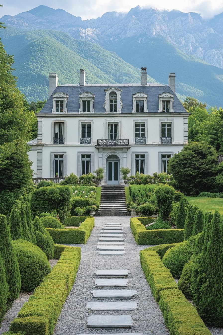 high angle view of French white manor with grey roof facade with detailing large front garden with geometric shrubs and paven paths with steps 3