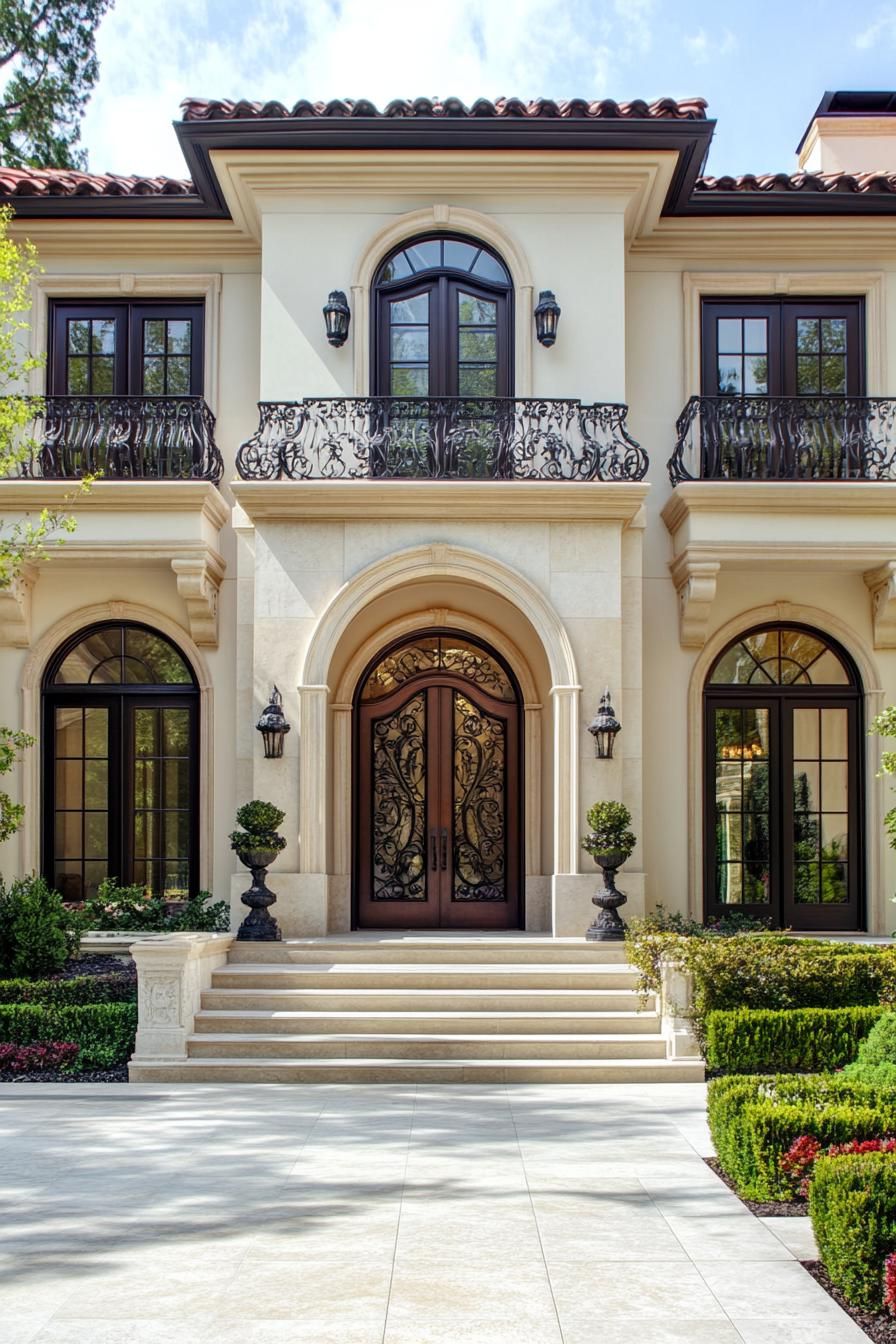 Elegant entrance to a luxury home with balconies