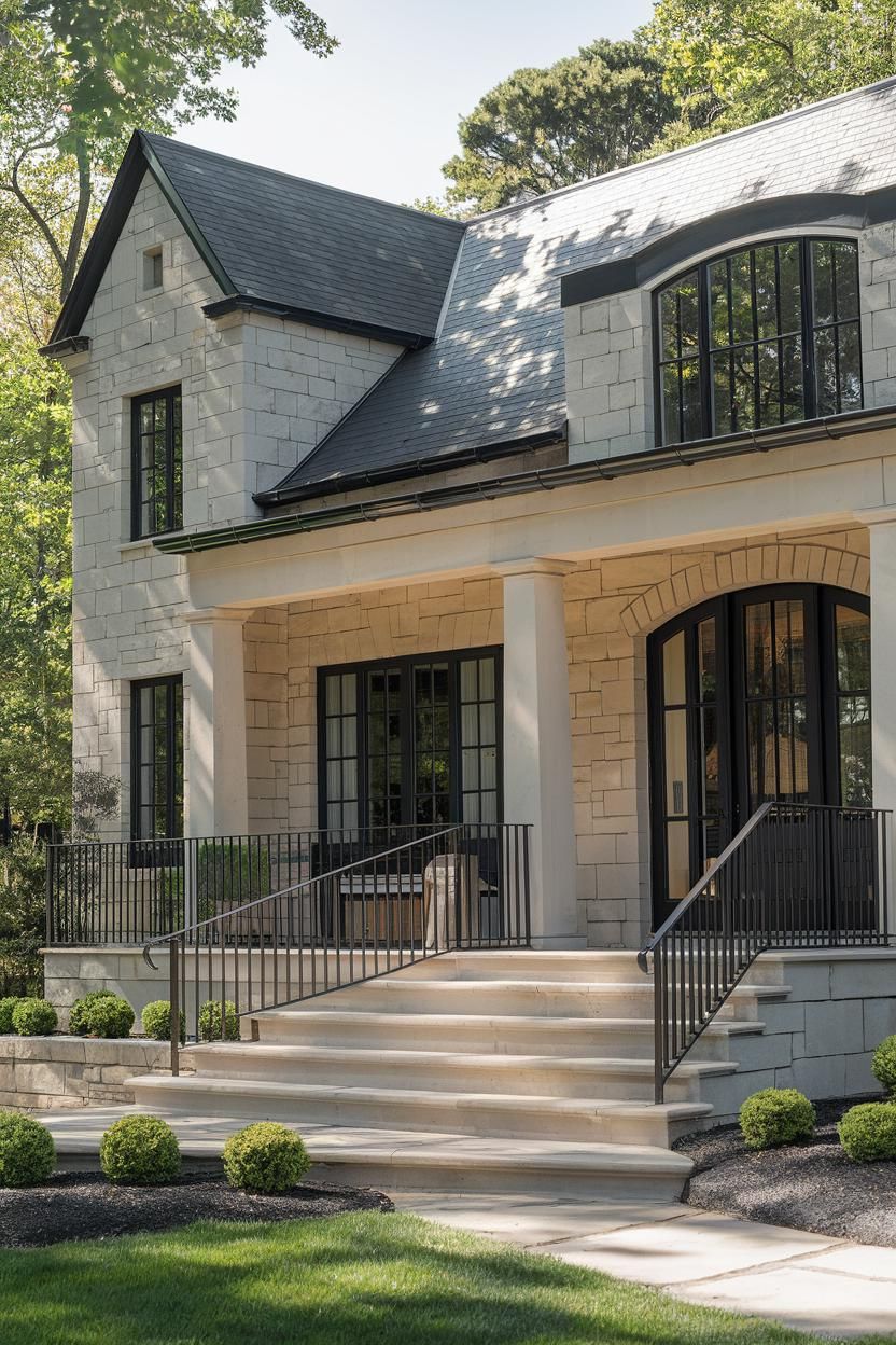 Elegant suburban house with arched windows and a welcoming porch