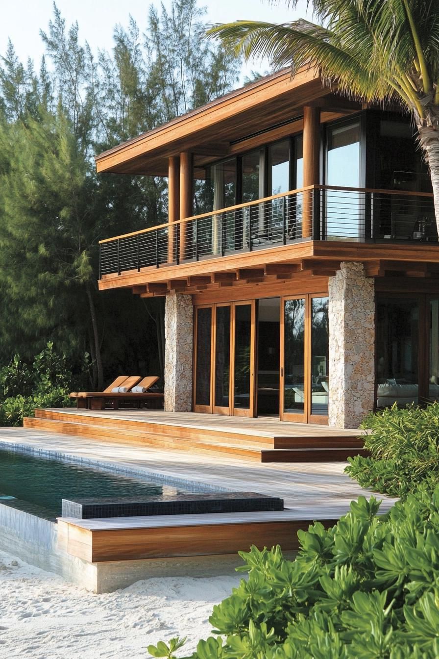 Two-story beach house with wooden accents and a pool