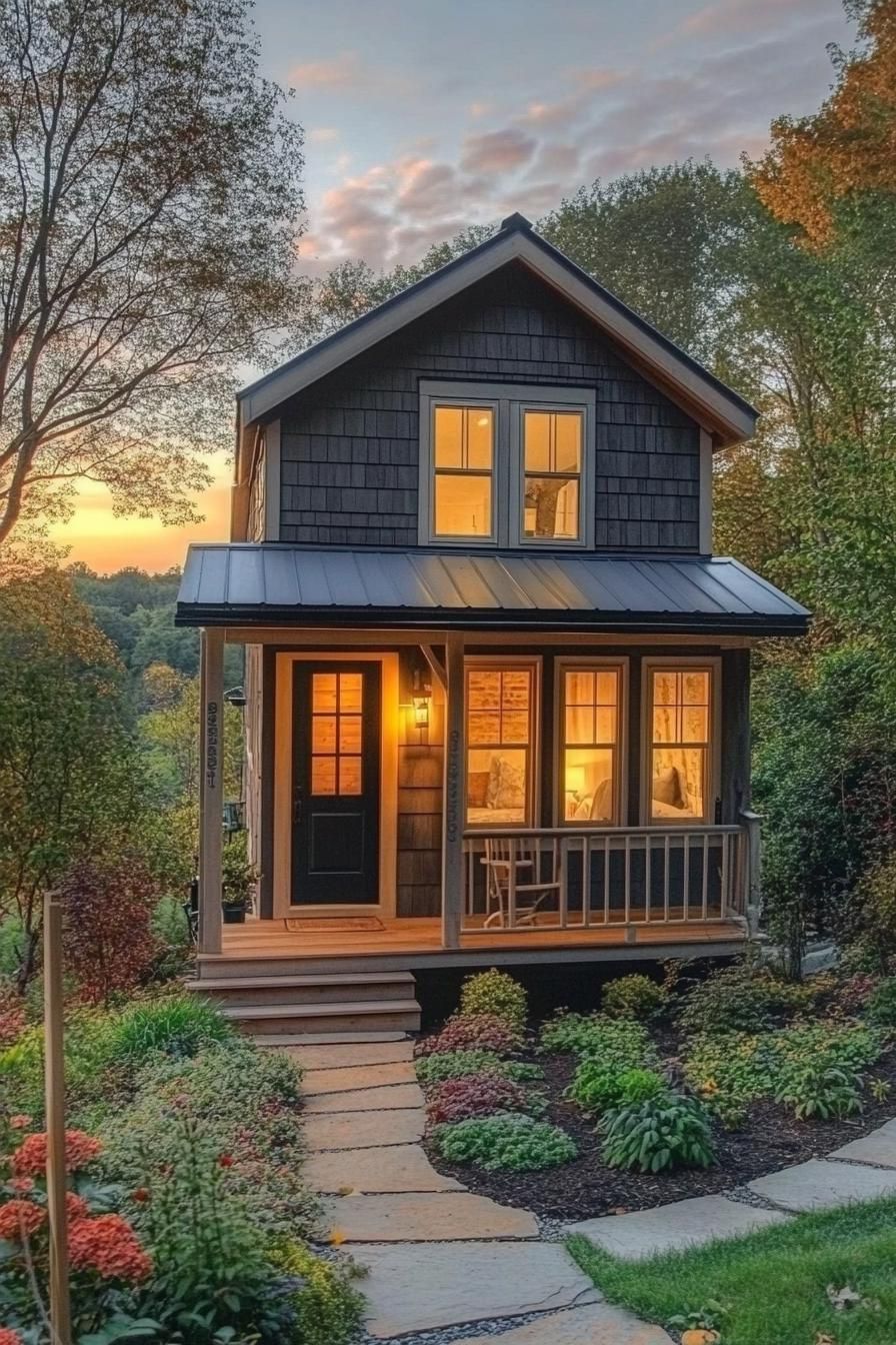 tiny luxury cottage 2 stories tiny porch clapboard siding gable metal roof front garden stunning sunset forest view down the hill 2