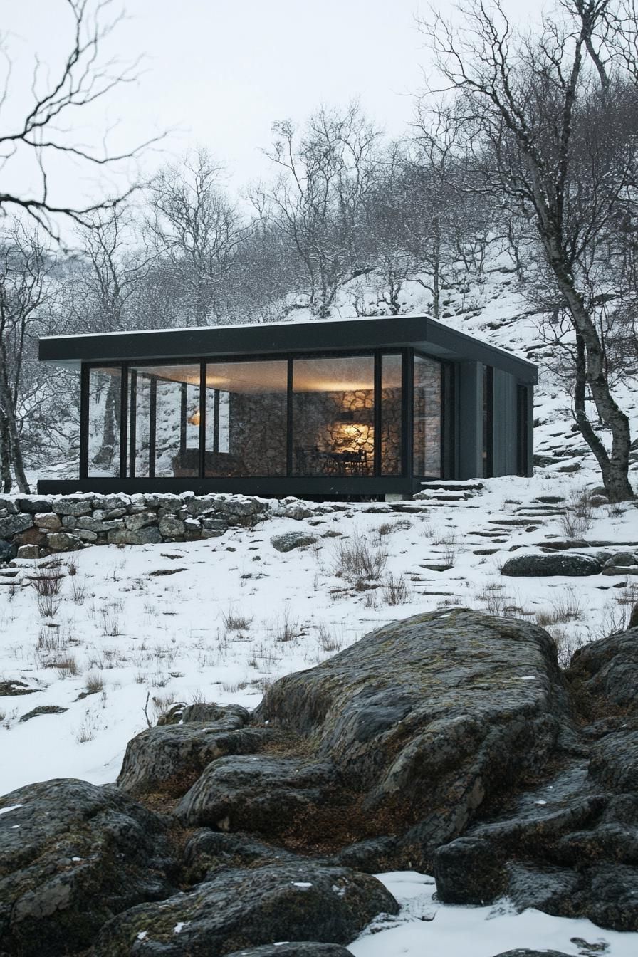 Modern cabin with large glass windows in a snowy forest