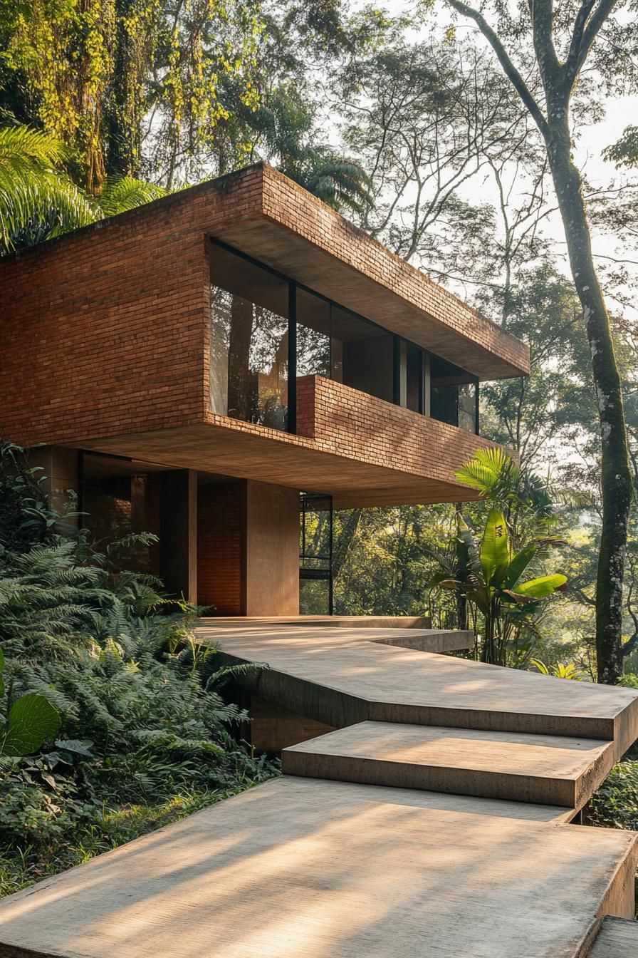 A modernist house made of red brick and wood situated on the side of a hill in a Brazilian forested landscape with concrete walkways. Architectural